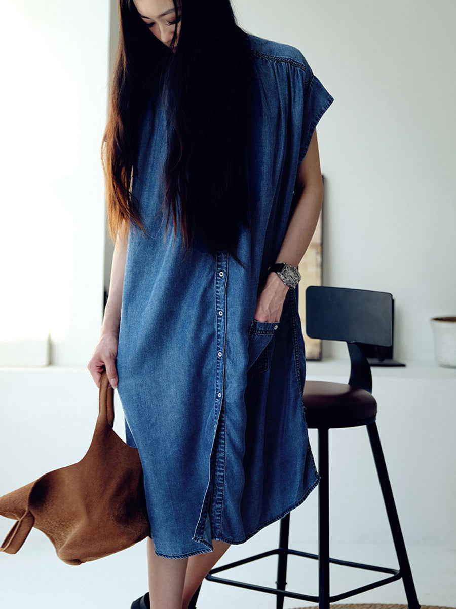 Vestito estivo casual da donna in denim blu tinta unita 
