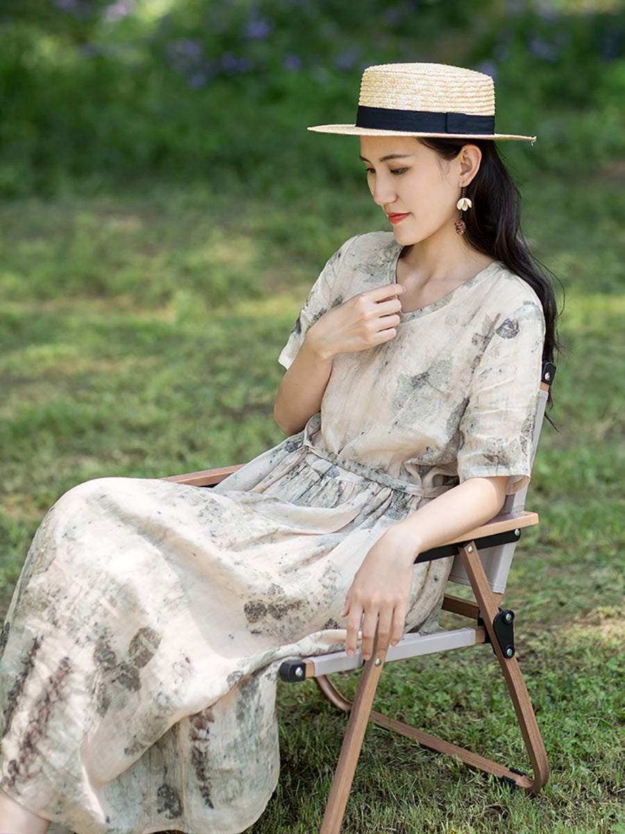 Robe en ramie à cordon de serrage et imprimé à l'encre pour femme