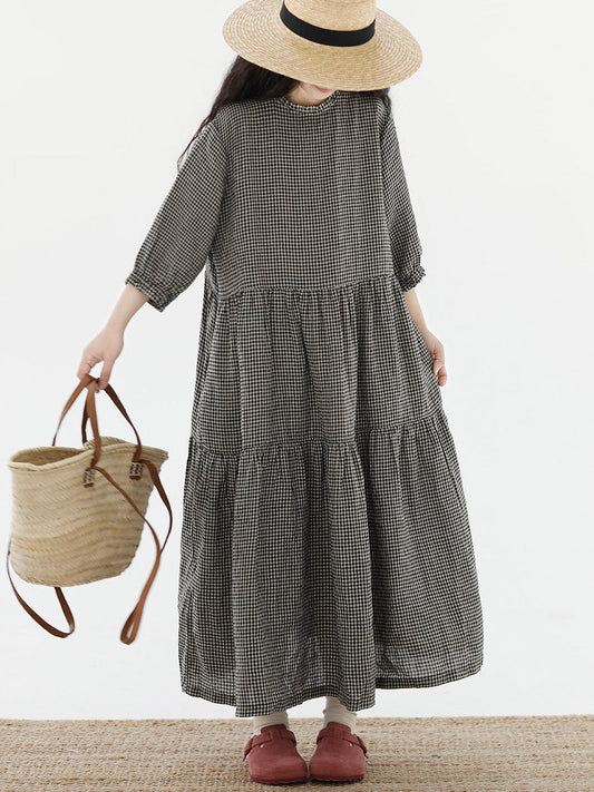 Women Artsy Plaid Spliced 100%Cotton Tiered Dress