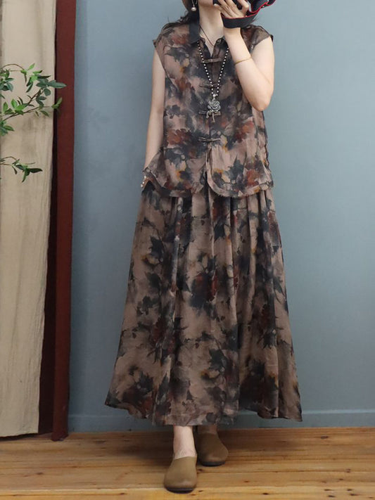 Camicia/gonna in lino con fiori d'inchiostro in stile cinese estivo da donna