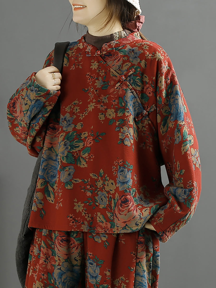 Camicia obliqua larga con fiori etnici da donna