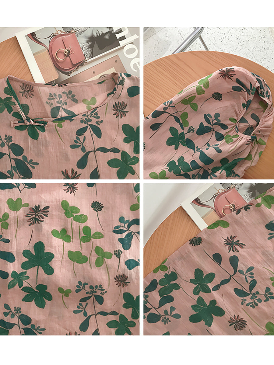 Camicia a collo alto con fiori artistici estivi da donna