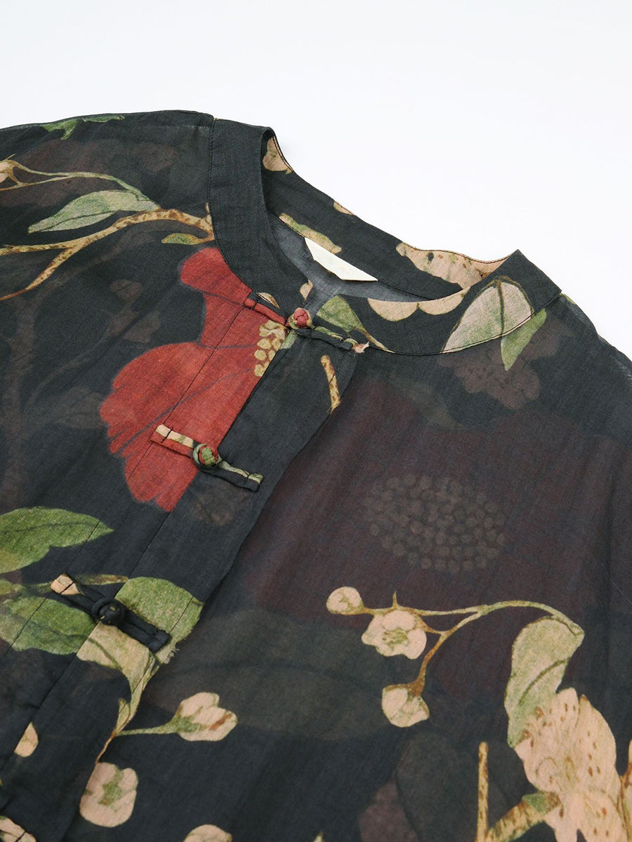 Camicia lunga primaverile con stampa floreale vintage da donna in ramiè