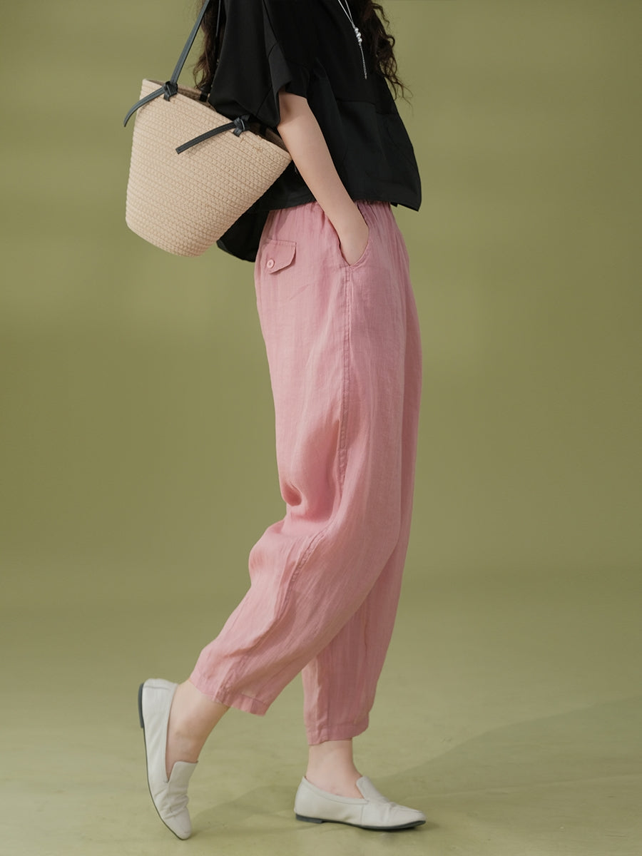 Pantalon sarouel décontracté d'été en ramie solide pour femme