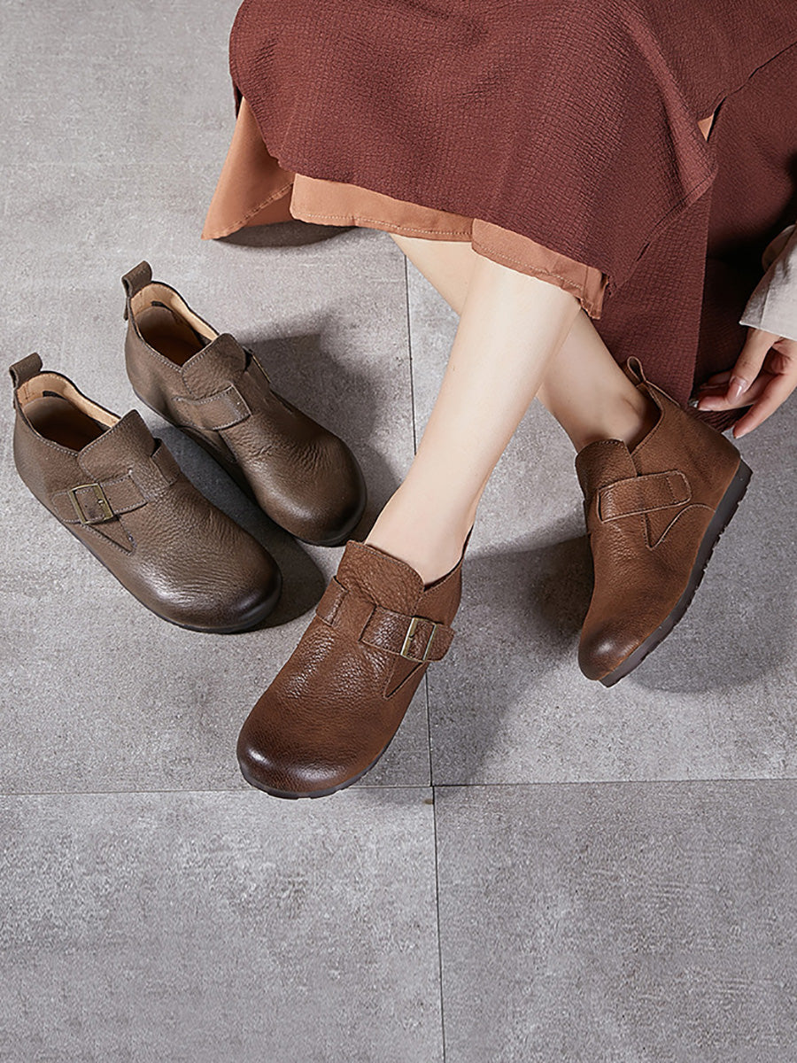 Women Vintage Soft Genuine Leather Buckle Flat Shoes