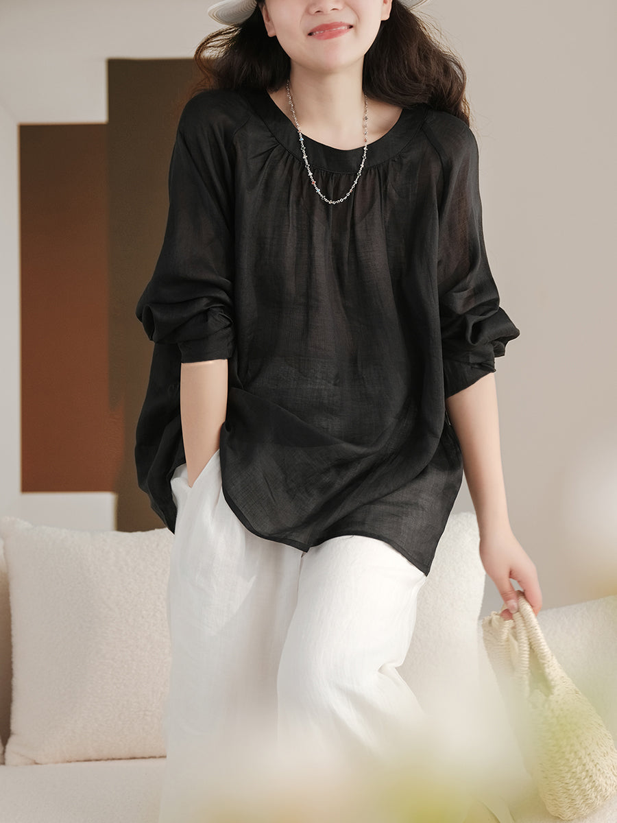 Camicia vintage estiva a maniche lunghe in ramiè da donna