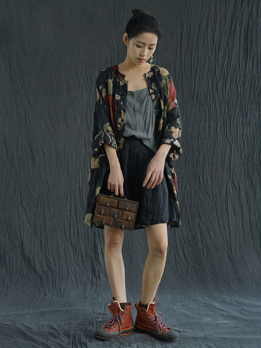 Camicia lunga primaverile con stampa floreale vintage da donna in ramiè