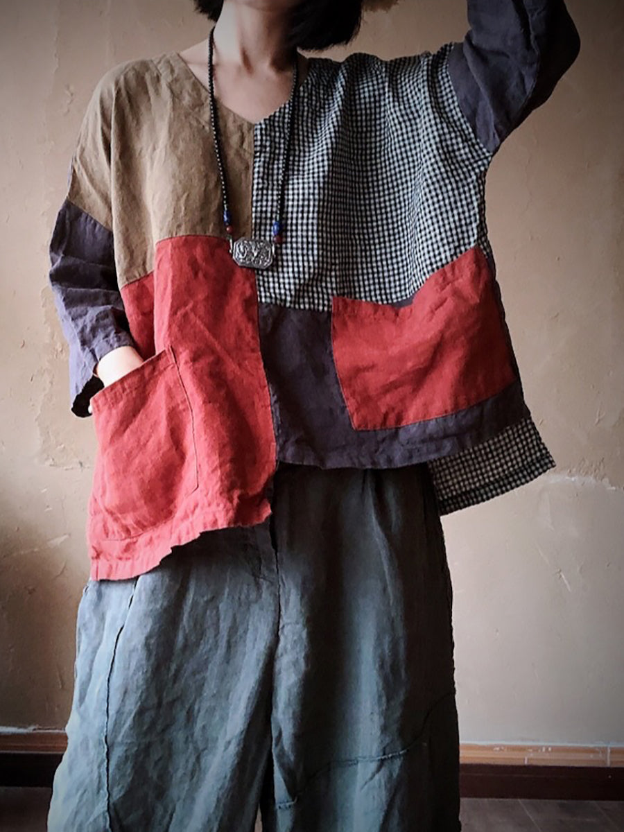 Camicia da donna in lino con toppa retrò, tasca con giunture irregolari e ampia