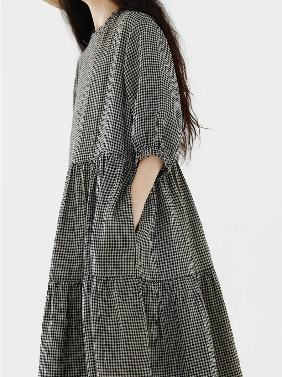 Women Artsy Plaid Spliced 100%Cotton Tiered Dress