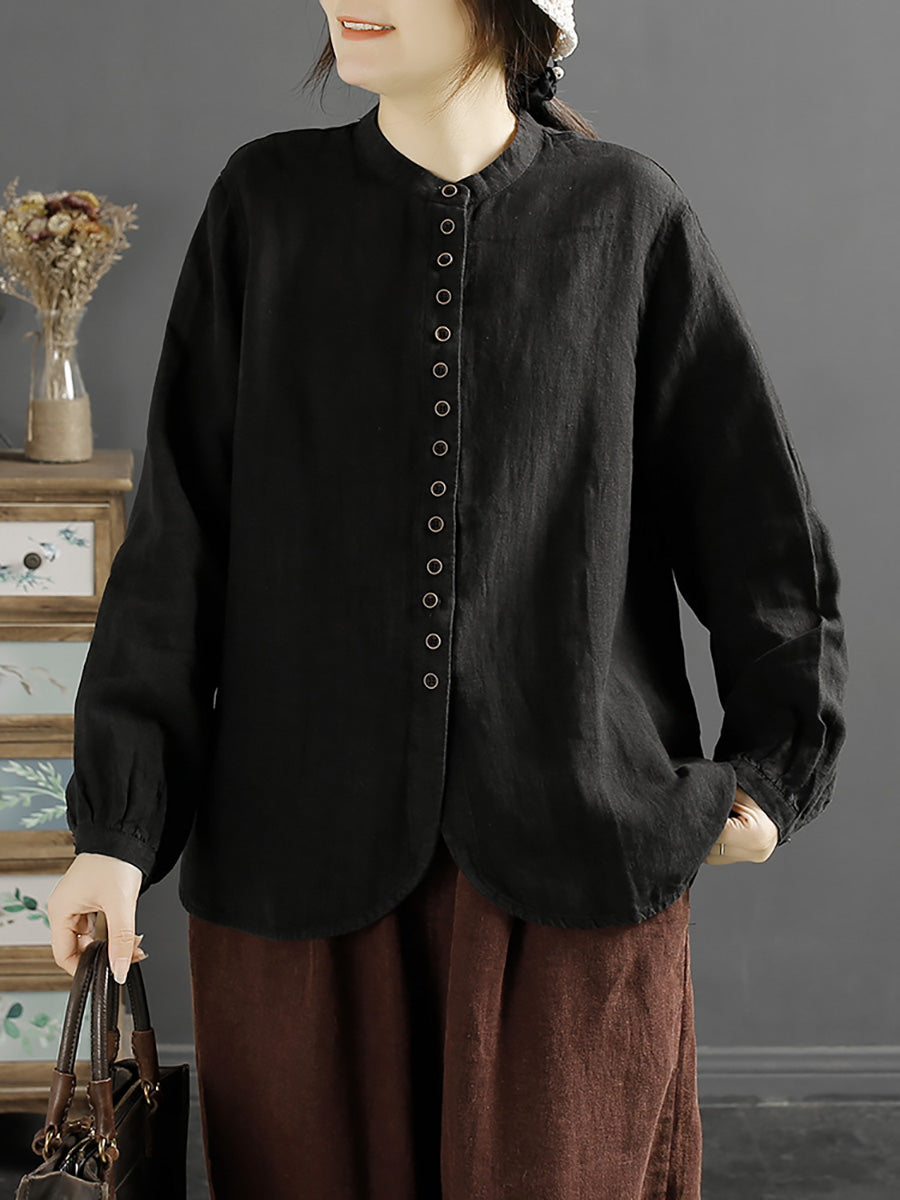Camicia da donna in lino con bottoni e collo a V primaverile retrò