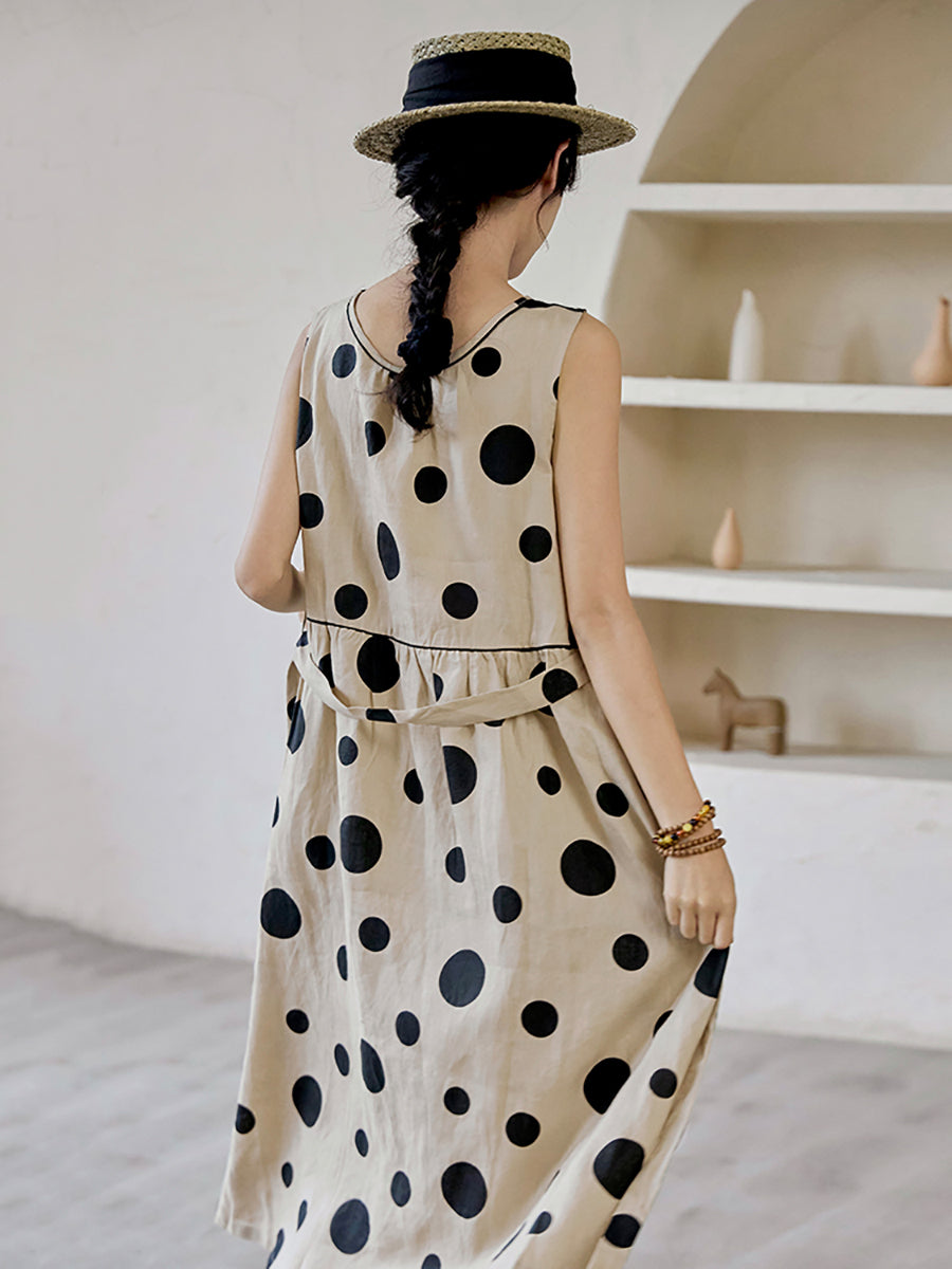 Vestito estivo casual da donna con coulisse in lino e pois