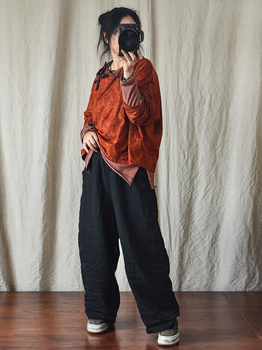 Pantalon en lin décontracté pour femme, couleur unie, ample, taille élastique