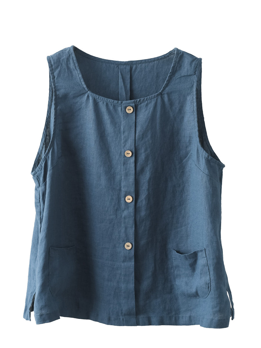 Gilet estivo da donna, con bottoni, in lino al 100%, tinta unita e ampio