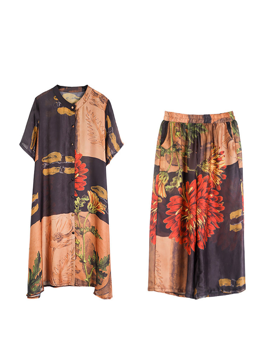 Camicia lunga con fiori artistici e pantaloni da donna