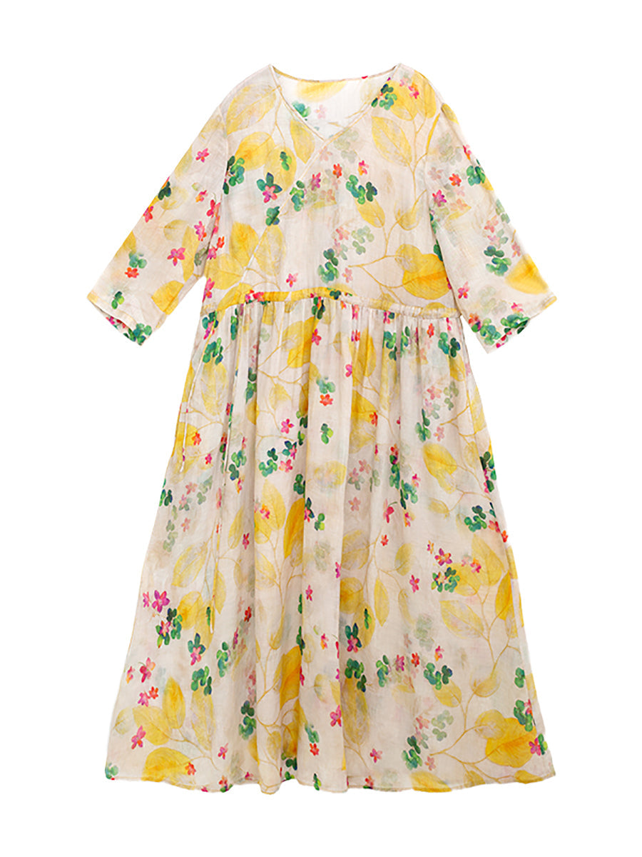 Abito da donna in ramiè con scollo a V e motivo floreale Prairie Chic estivo