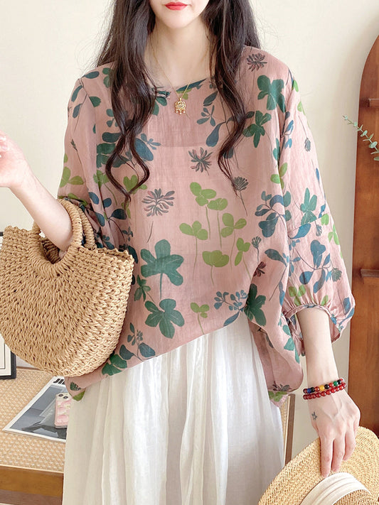 Camicia a collo alto con fiori artistici estivi da donna
