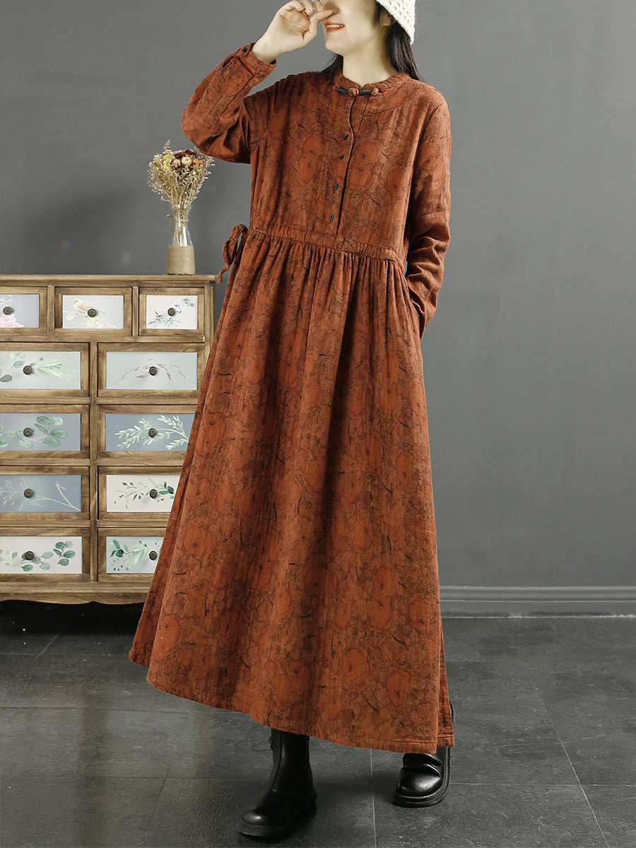 Abito da donna in cotone con stampa a foglia vintage autunnale