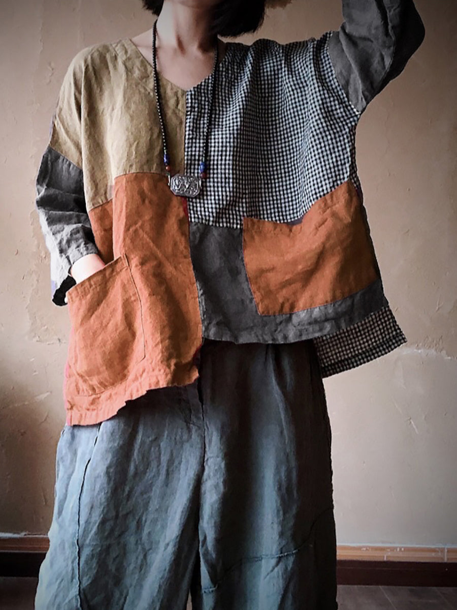 Camicia da donna in lino con toppa retrò, tasca con giunture irregolari e ampia
