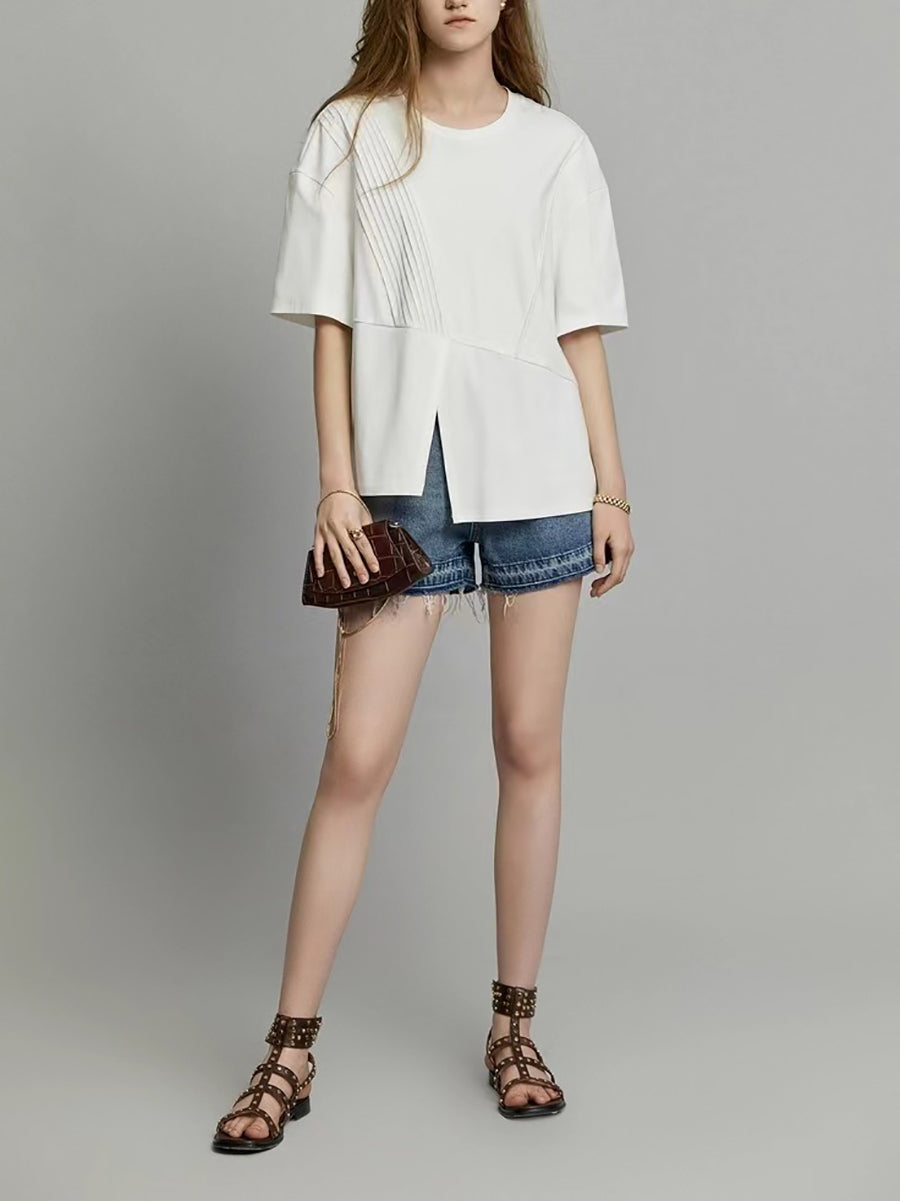 Camicia estiva casual da donna con orlo diviso e pieghe unite