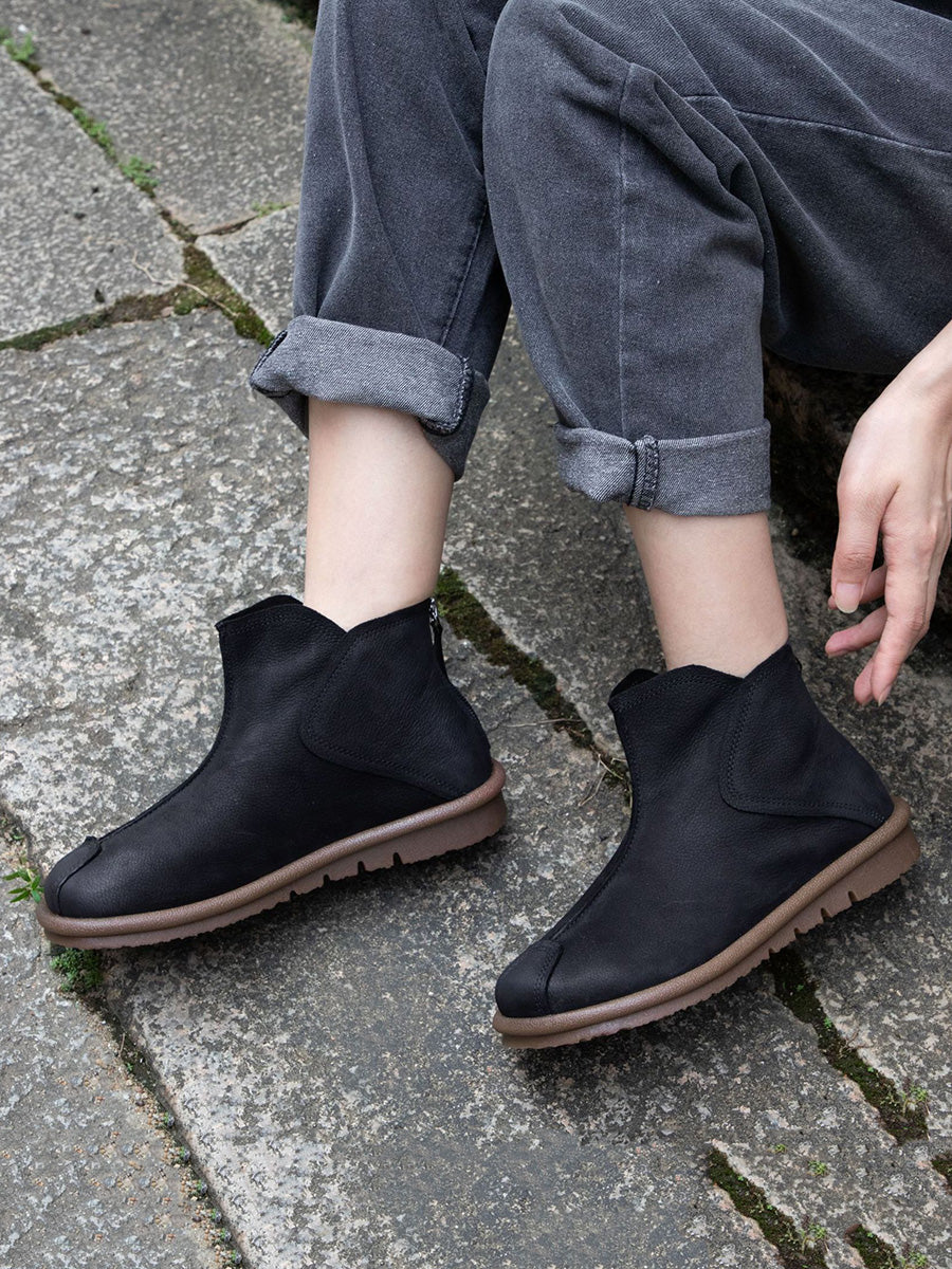 Women Vintage Genuine Leather Spliced Flat Ankle Boots