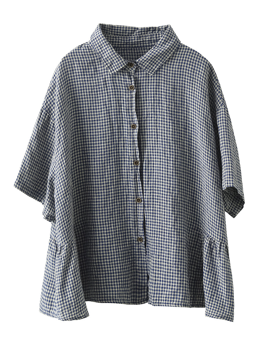 Cardigan estivo casual a quadri con bottoni in lino da donna