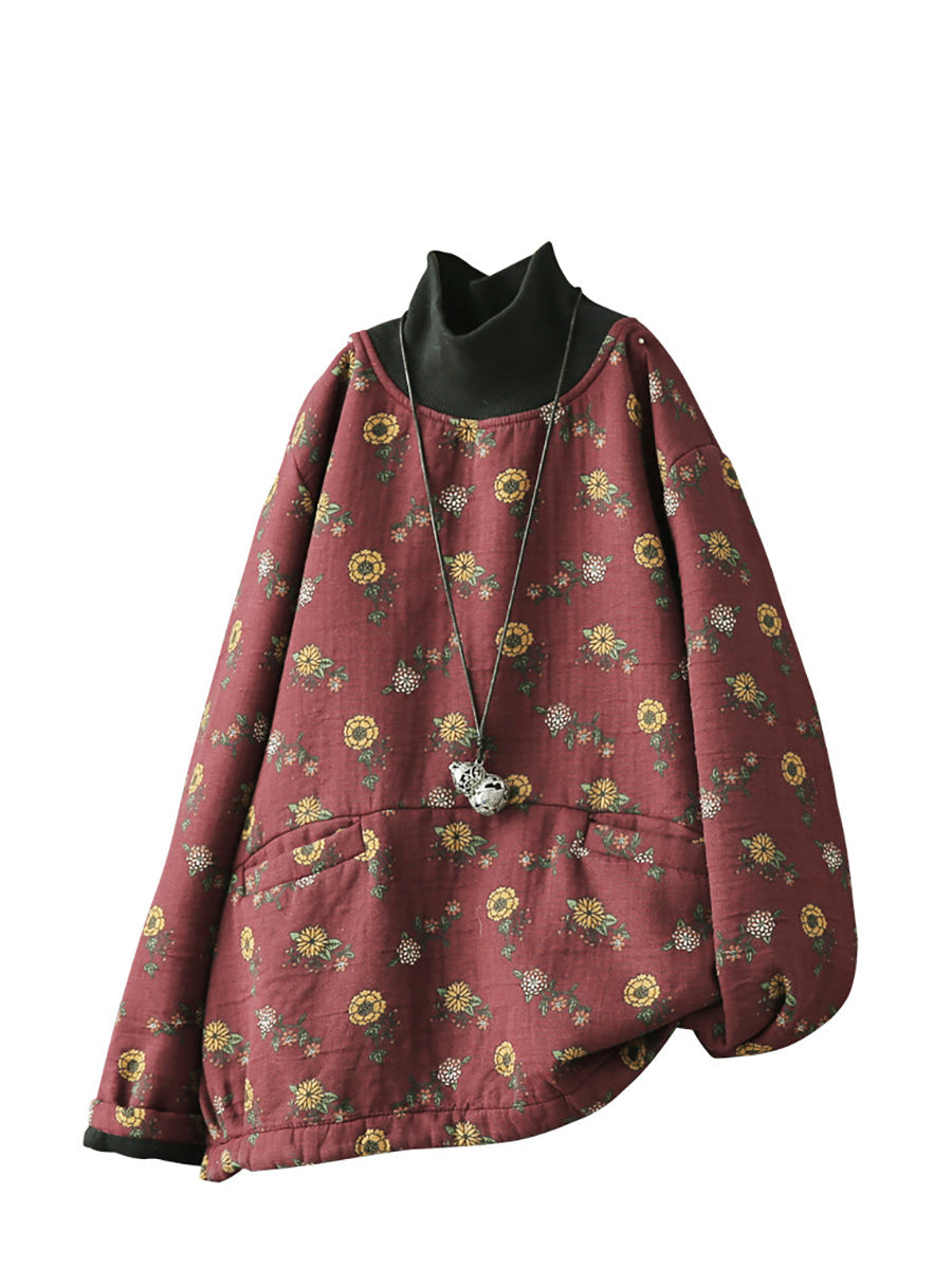Camicia in cotone con collo a mezza altezza e fiore vintage