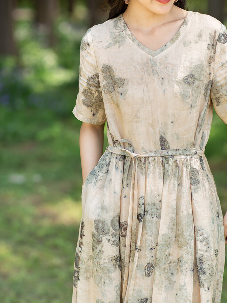 Robe en ramie à cordon de serrage et imprimé à l'encre pour femme