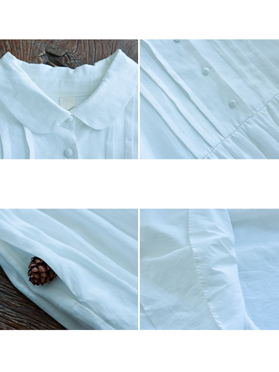 Women 100%Linen Shirred Solid Spring Dress