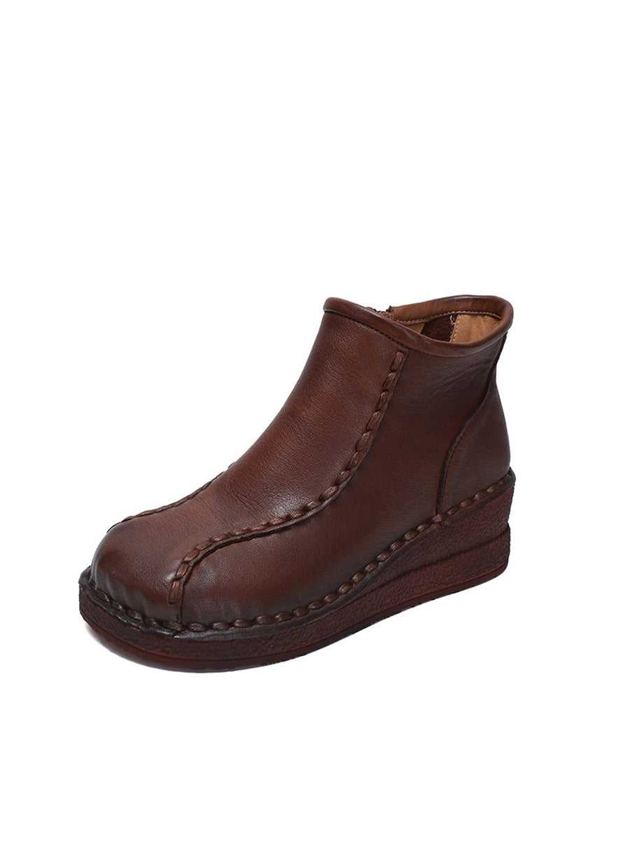 Bottes mi-talons rétro en cuir souple avec doublure polaire pour femmes 