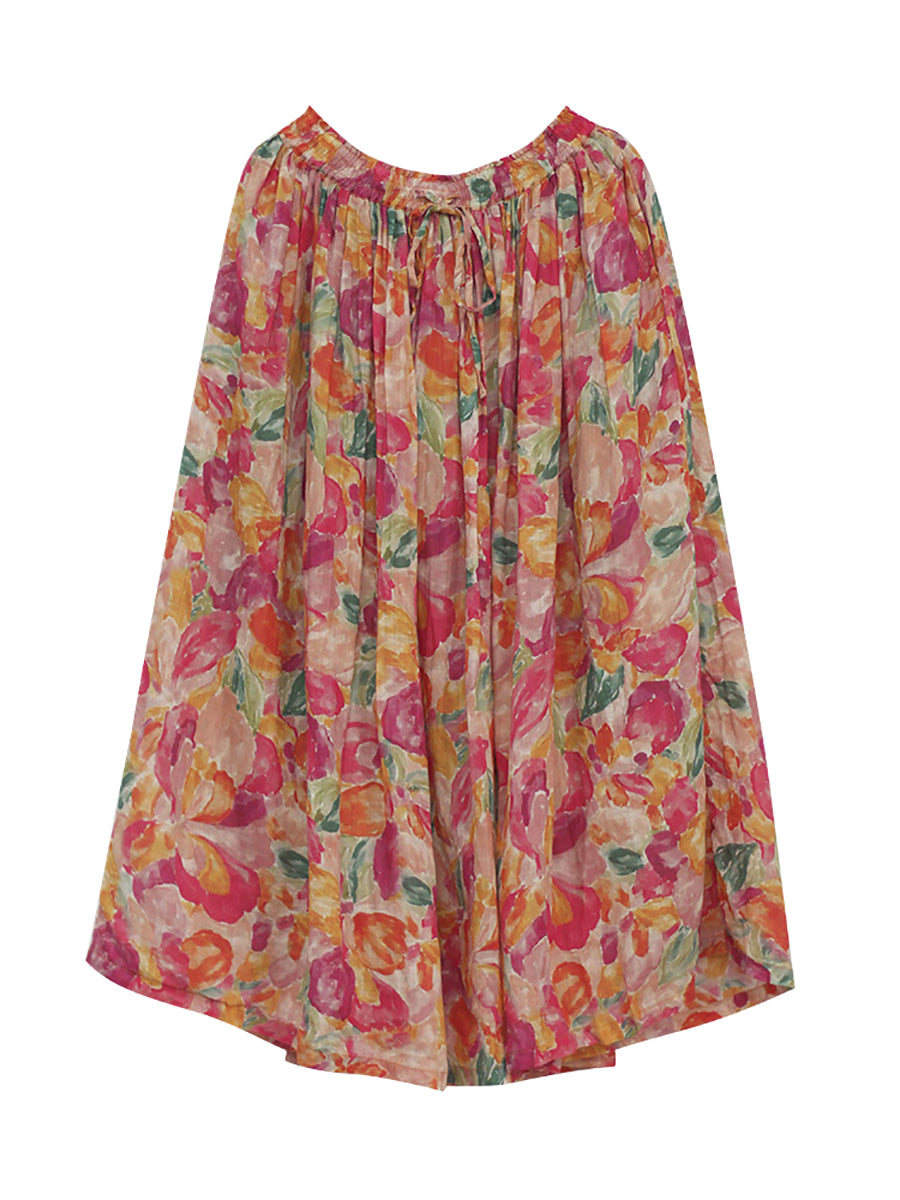 Gonna estiva da donna con coulisse in ramiè con fiori artistici
