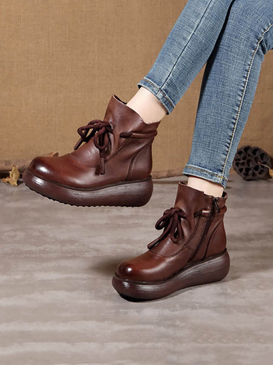 Stivali da donna vintage invernali in pelle con plateau