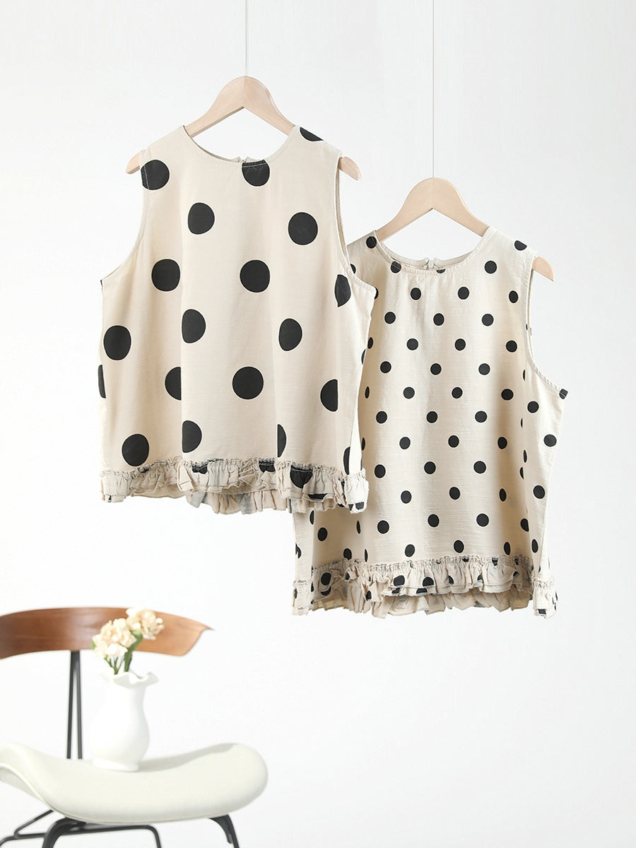 Gilet ample en coton à ourlet en dentelle à pois pour femme