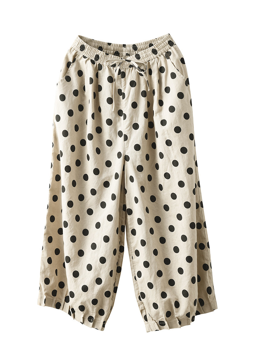 Pantaloni da donna vintage in lino con coulisse e pois a gamba larga