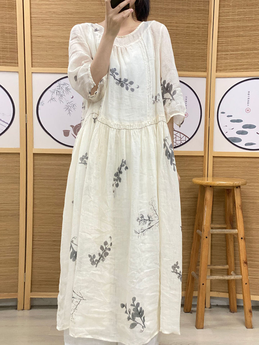 Vestito da donna vintage estivo etnico con pieghe a foglia in ramiè