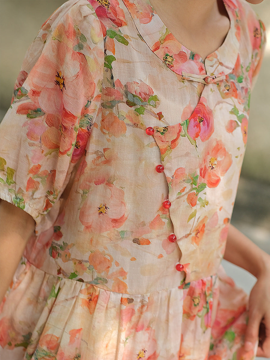 Vestito da donna vintage estivo con bottoni floreali e ampio in ramiè