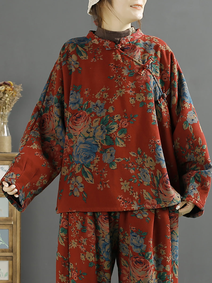 Camicia obliqua larga con fiori etnici da donna