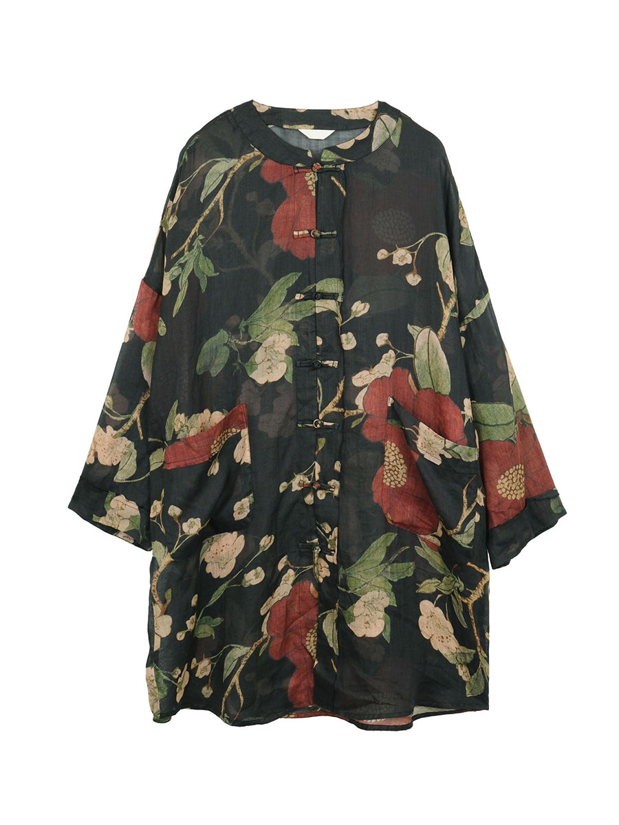 Camicia lunga primaverile con stampa floreale vintage da donna in ramiè