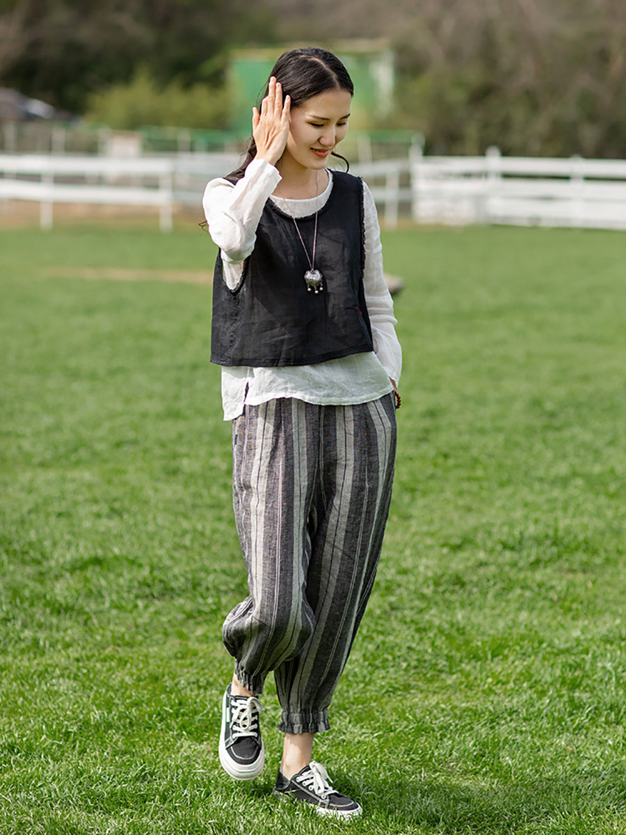 Women Retro Stripe Yarndyed Pocket Linen Harem Pants