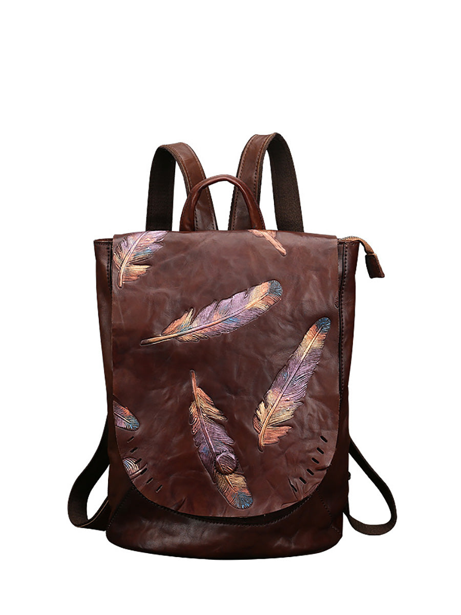 Zaino da donna in pelle vintage con stampa a piume