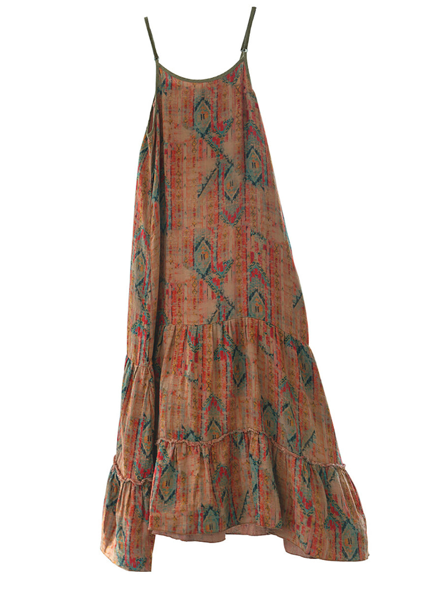 Women Exotic Print Cotton Loose Long Fishtail Vest Dress