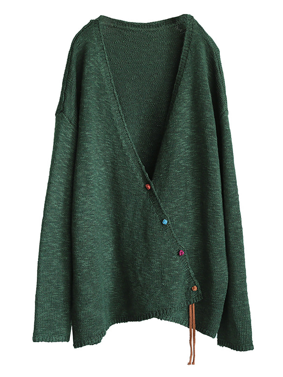 Women Knitted Retro Pure Color Vneck Sweater Coat