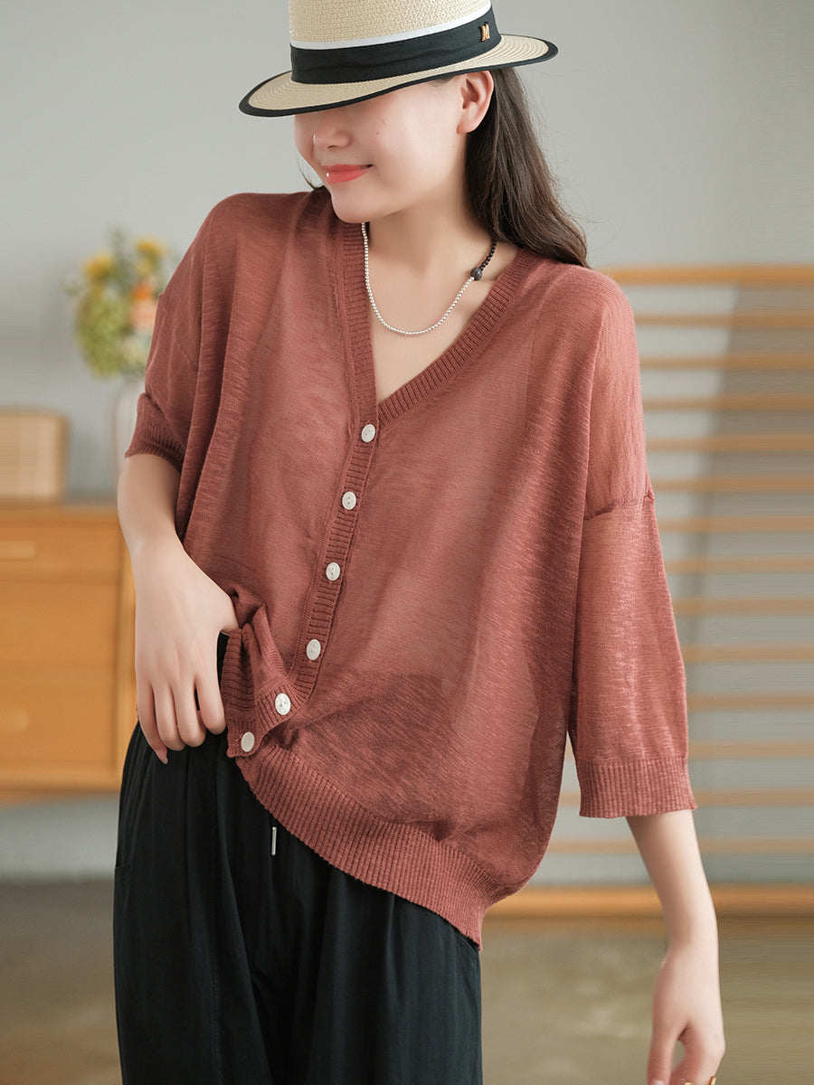 Camicia casual in maglia larga con scollo a V estiva da donna
