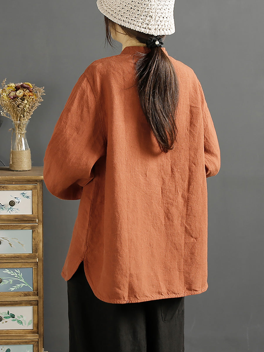 Camicia da donna in lino con bottoni e collo a V primaverile retrò