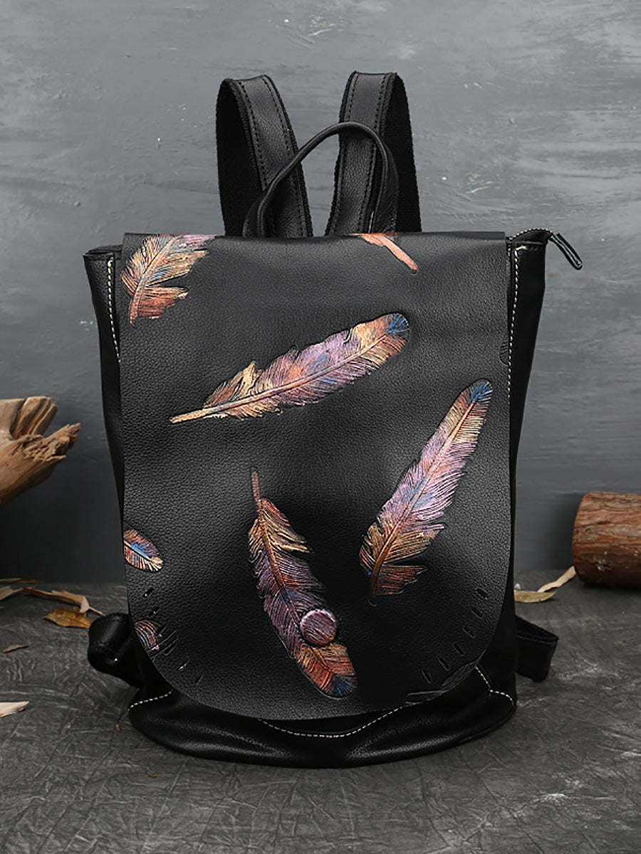 Zaino da donna in pelle vintage con stampa a piume