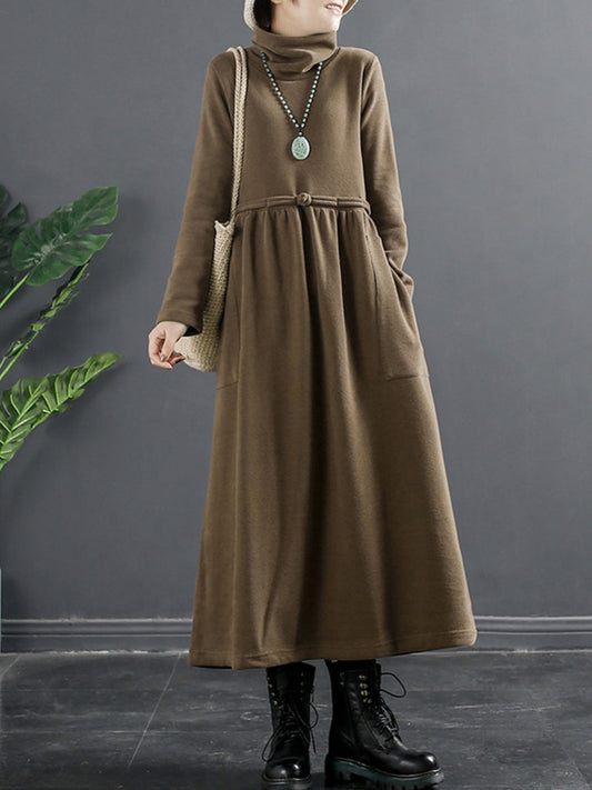 Abito lungo drappeggiato con collo alto in colore puro da donna