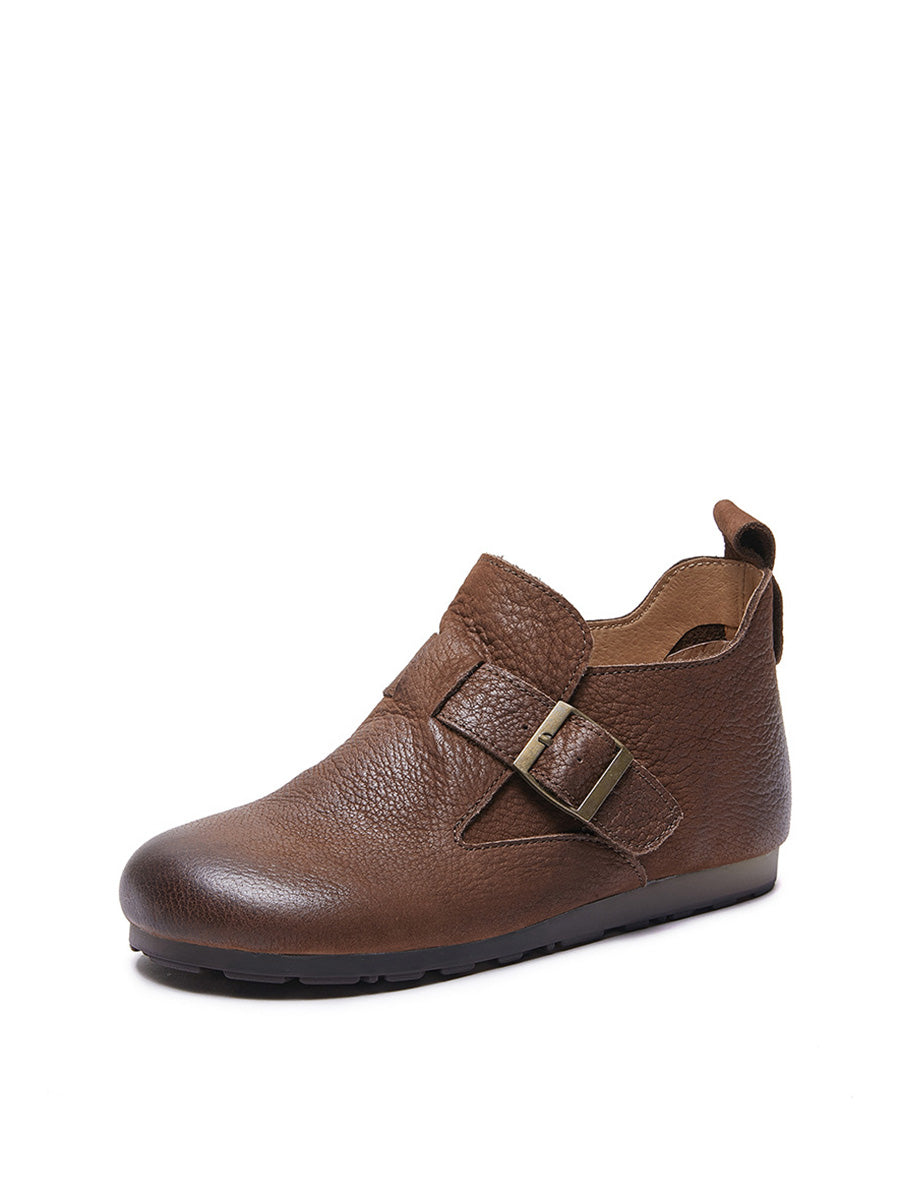 Women Vintage Soft Genuine Leather Buckle Flat Shoes