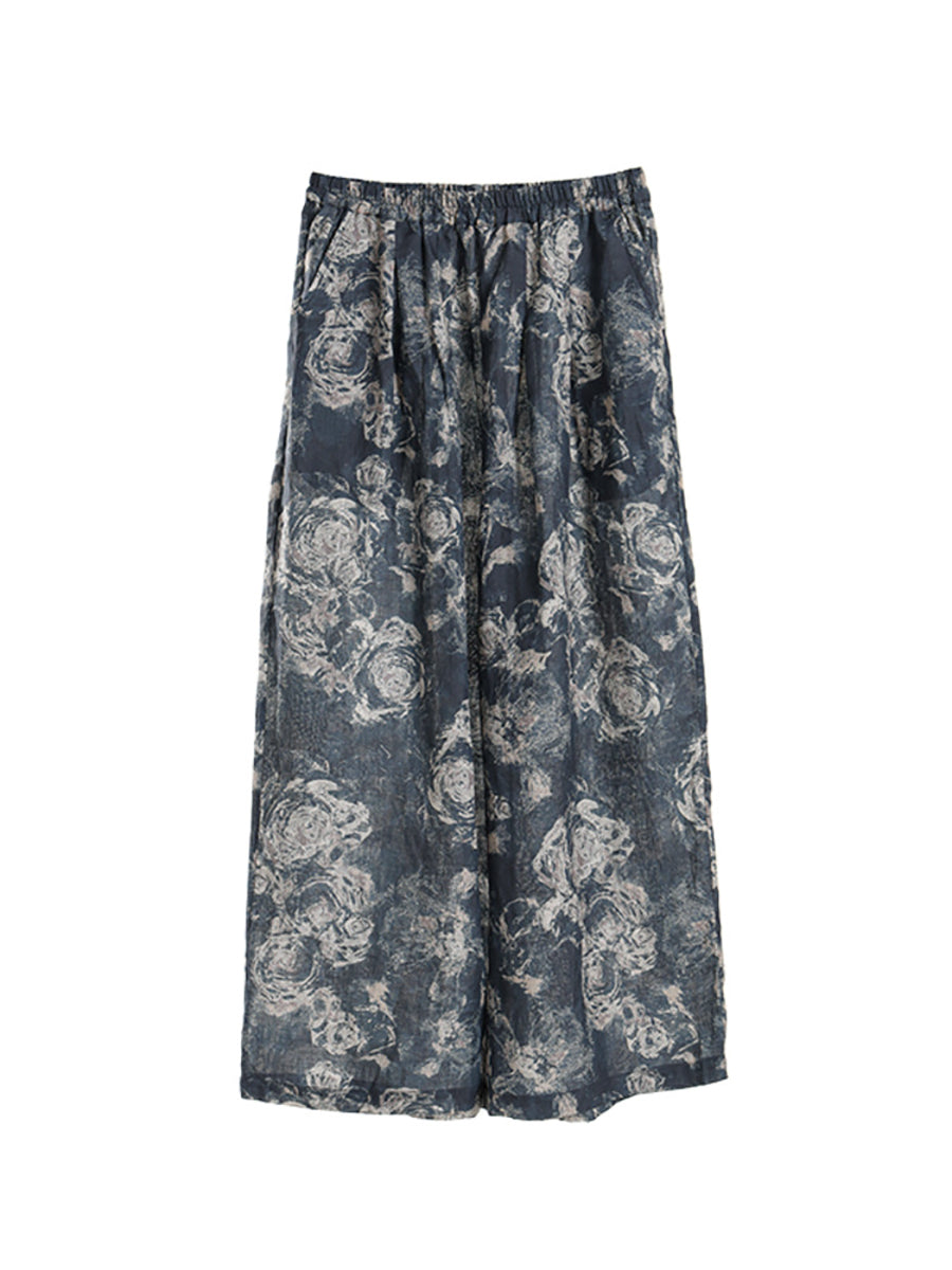 Pantaloni da donna in ramiè con gamba dritta, tasca a forma di fiore, estate retrò