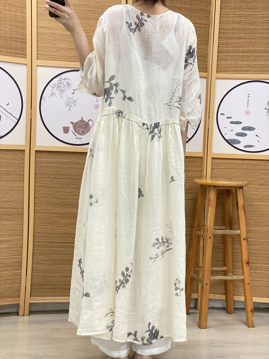 Vestito da donna vintage estivo etnico con pieghe a foglia in ramiè