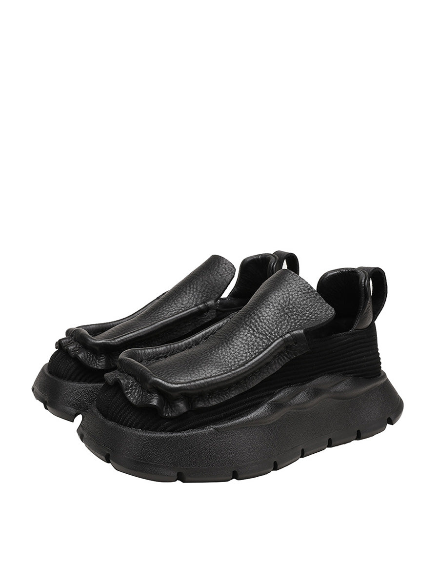 Women Retro Genuine Leather Spliced Platform Shoes