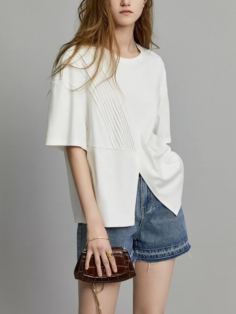 Camicia estiva casual da donna con orlo diviso e pieghe unite
